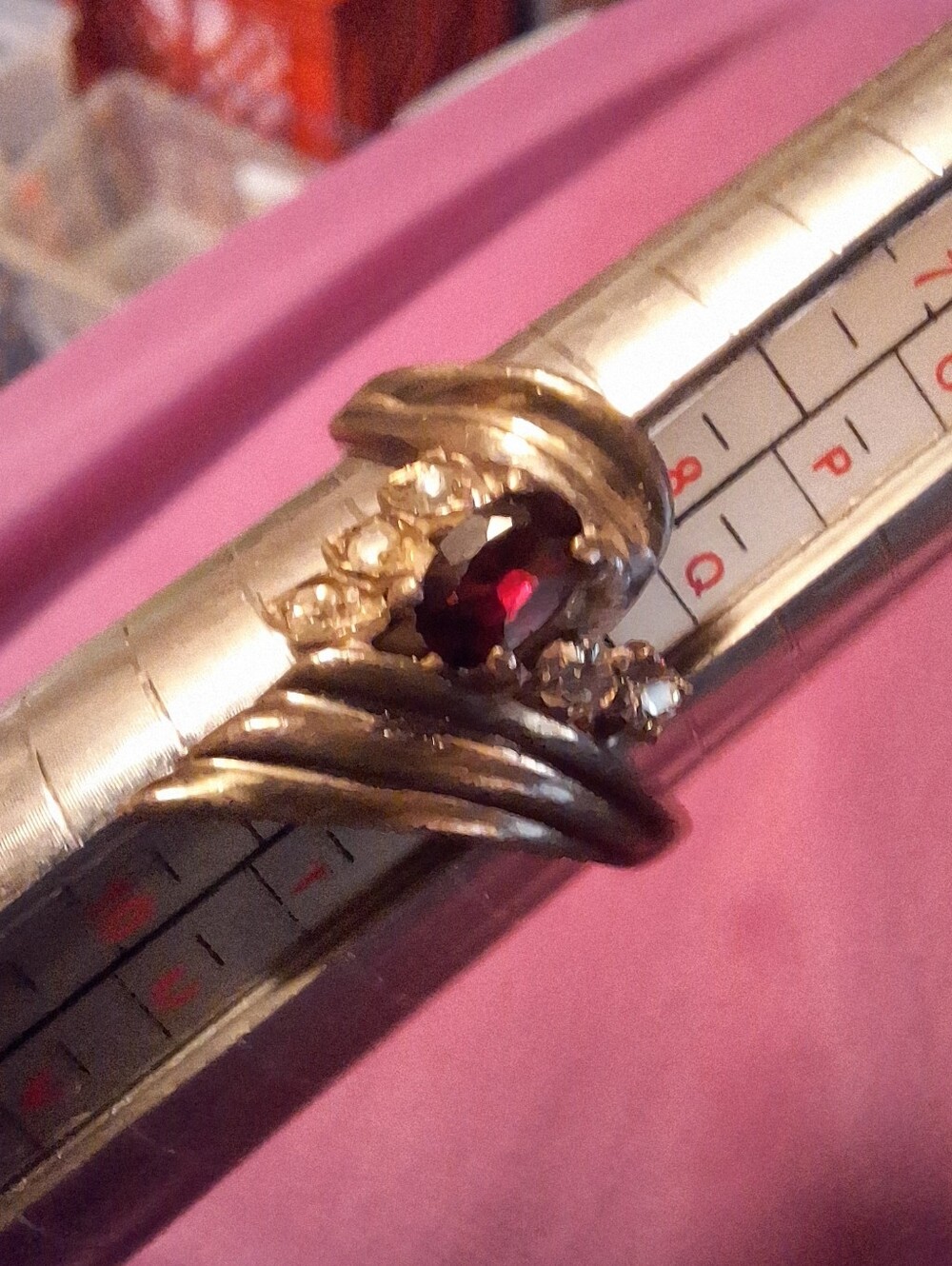 Vintage Sterling Silver Garnet Accent Wrap Ring Ladies 8 1/2 Clear Accent Stones